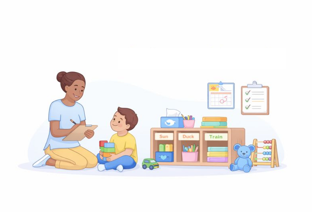 Teacher seated with child illustration placeholder
